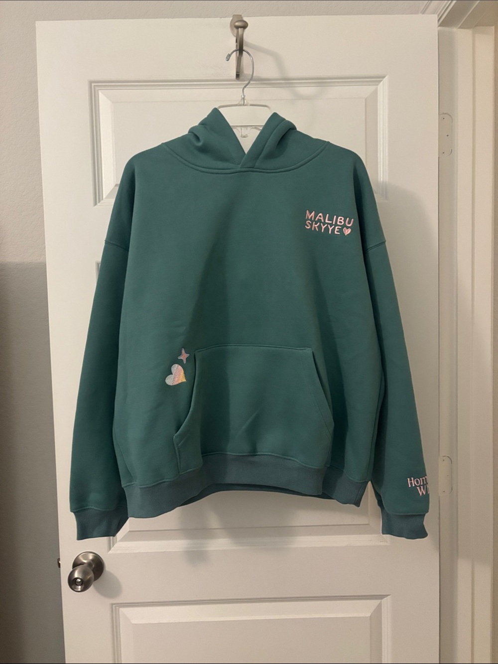 MALIBU SKYYE Teal Home Is Wherever You Are embroidered Hoodie SZ M Oversized NWT
